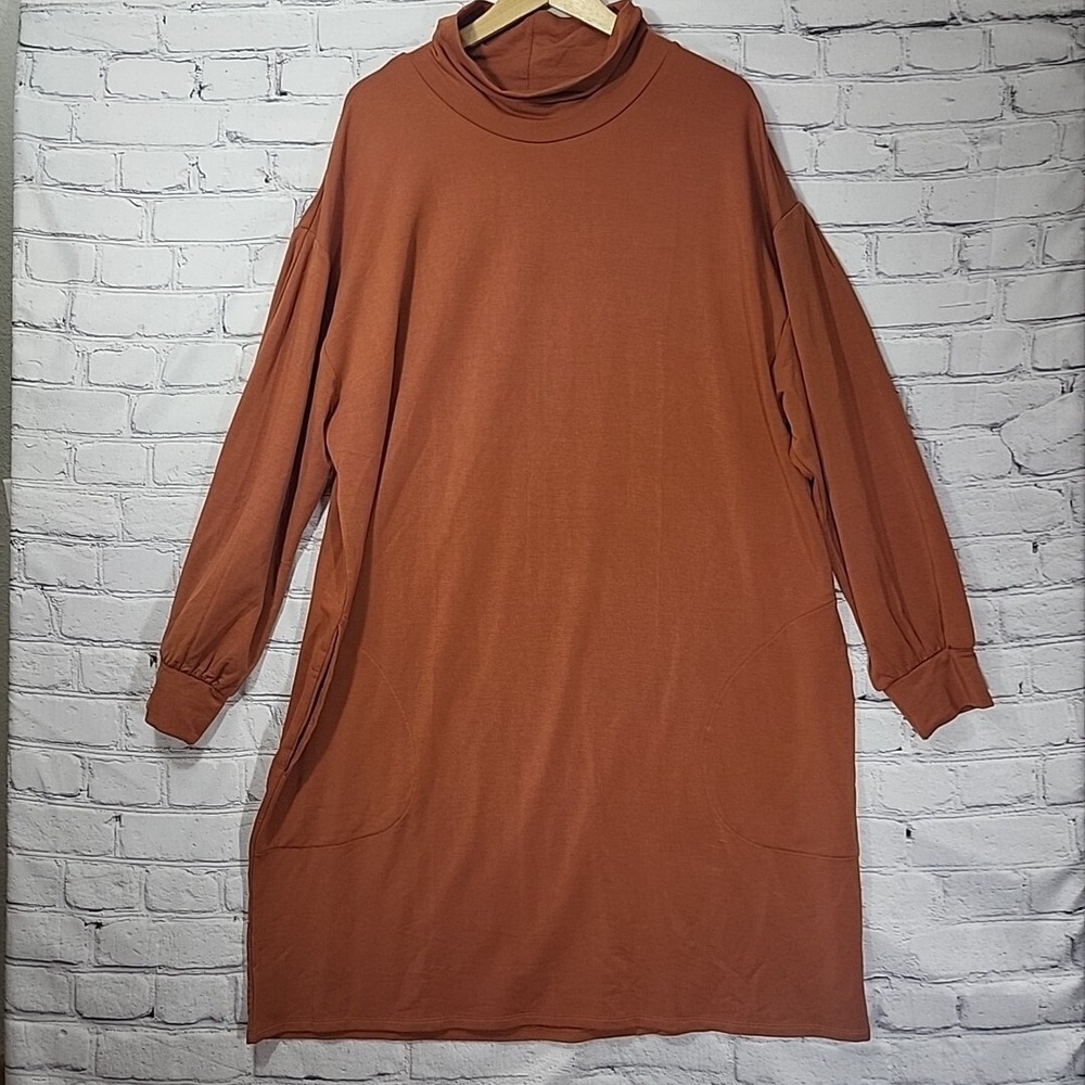 Garnet Hill Cocoon Dress Size XL Chestnut Brown Mock Neck Long Sleeve Pockets